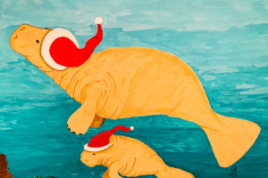 A hand drawn color image of a female manatee and her calf in Santa hats