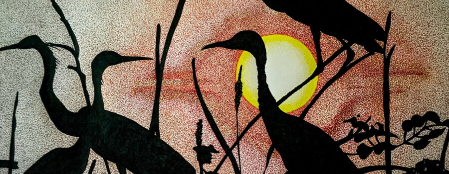 A pen and ink drawing of four egrets settling in to roost in the tree tops as a yellow ball of the sun sets in the background. The birds and the tree tops are drawn in silhouette. The sky extending away from the sun is orange, fading to dark blue.