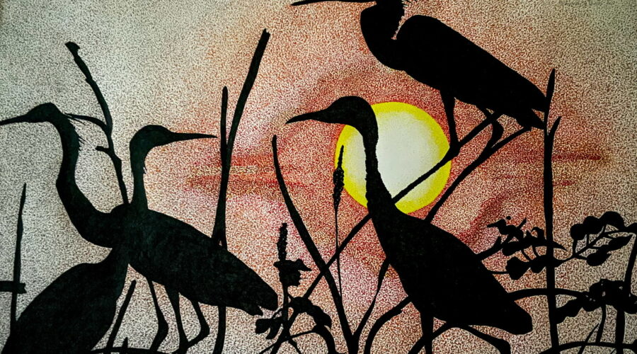 A pen and ink drawing of four egrets settling in to roost in the tree tops as a yellow ball of the sun sets in the background. The birds and the tree tops are drawn in silhouette. The sky extending away from the sun is orange, fading to dark blue.