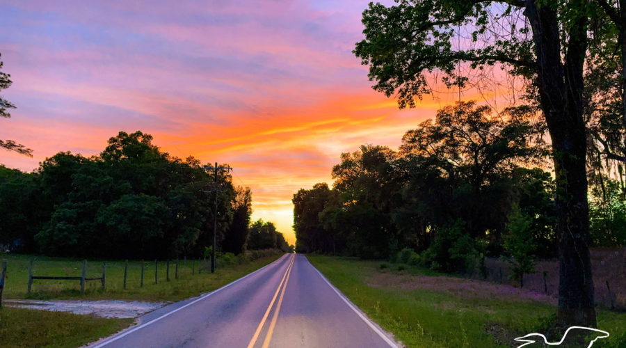 A beautiful sunset centered at the end of a paved country road. The sky is bright yellow at the end of the road, fading to orange and eventually pink as the clouds disperse into the fading blue sky. The road is surrounded by green grass and trees.
