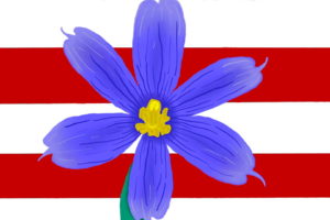 A blue, five petaled flower with a yellow center and green stem is drawn on a background of red and white stripes in celebration of the 4th of July.