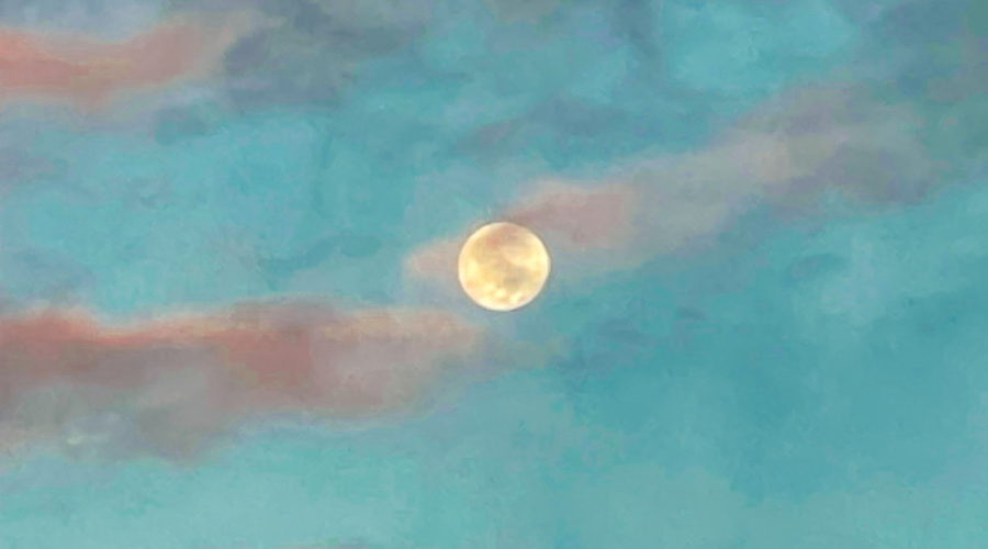 This is a shot of a full moon taken just before dawn. The sky has begun to lighten from black to blue. There are some clouds in the sky which are picking up the pinks of the rising sun. The clouds at the top of the frame are still dark. The moon is centered in the shot and partially covered by clouds.