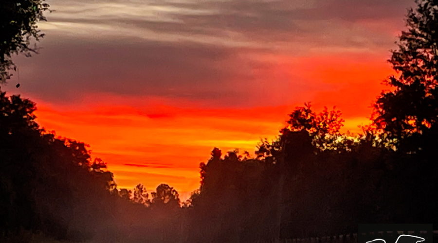An early morning sunrise with exquisite orange, red, and yellow colors graces the sky in October. This image was taken on a misty country road on a partially cloudy day.