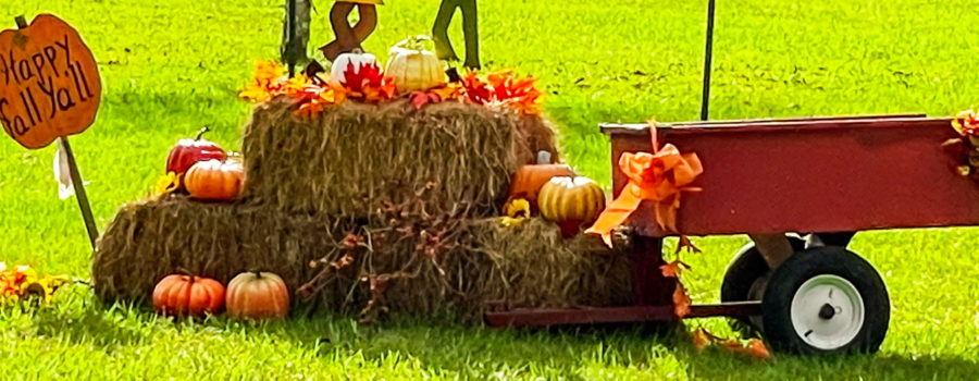 In this fall image a pair of cutout scarecrow figures are located in top of a fall display. The display consists of three bales of hay arranged in a trianglular manner and adorned in pumpkins and colorful orange and yellow leaves. A fall wreath sits in front of the hay bales. There is a red wagon to the right of the hay and a pumpkin shaped sign on the left that says “Happy Fall Y’all” in black lettering. The display is surrounded by green grass with oaks trees in the background.