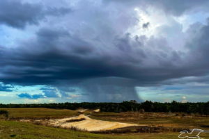 A thin wall of rain can be seen coming down intently in a small patch in the distance.