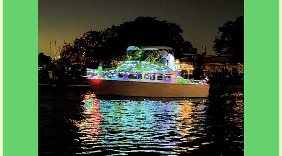 A boat, all decked out in Christmas lights cruises down a Florida canal after dark, showing off it’s colors.
