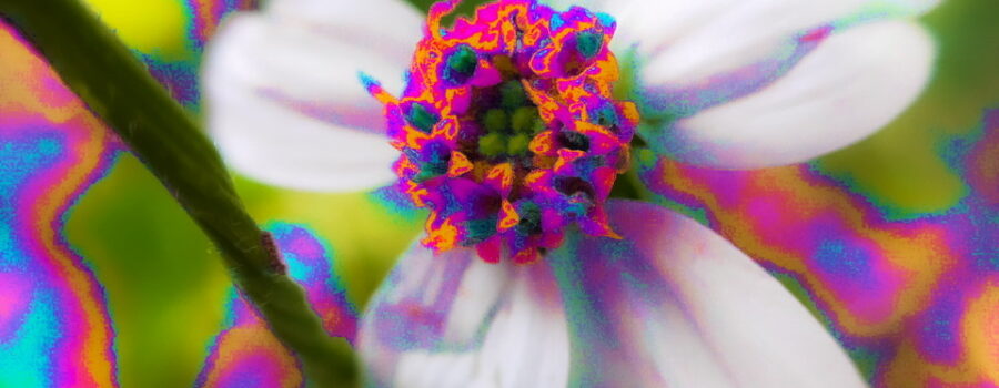 A closeup image of a blackjack flower and the vegetation surrounding it have been recolorized in shades of pink, orange, and blue.
