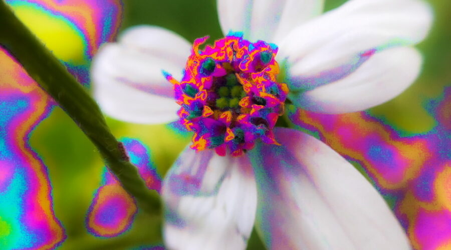 A closeup image of a blackjack flower and the vegetation surrounding it have been recolorized in shades of pink, orange, and blue.
