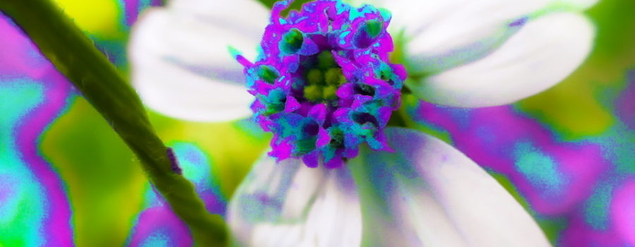 A closeup photo of a blackjack flower and the surrounding vegetation has been recolored in shades of purple, blue, and green.