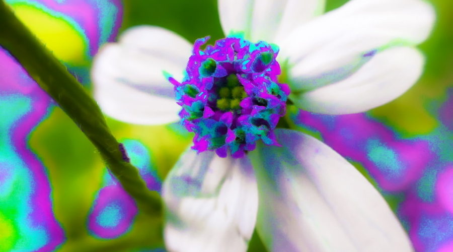 A closeup photo of a blackjack flower and the surrounding vegetation has been recolored in shades of purple, blue, and green.