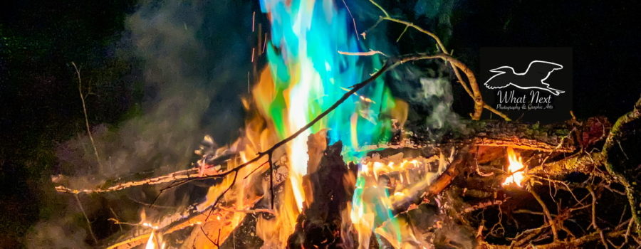 Fiery blues dance among the flames in an evening bonfire.