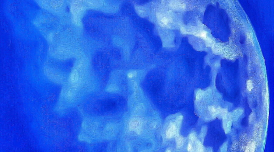 A photograph of an afternoon moon has been modified digitally to produce this blue and white artwork.