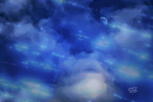 This photo, enhanced with drawing, shows a half moon among the clouds.