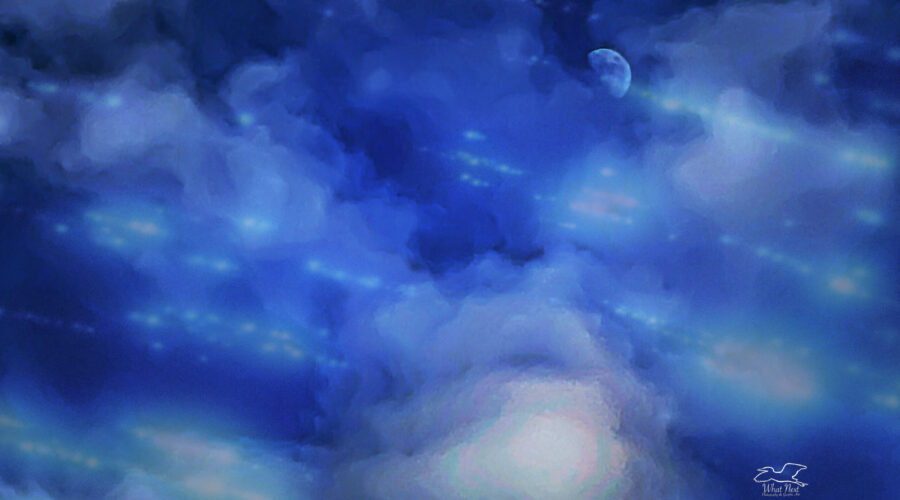 This photo, enhanced with drawing, shows a half moon among the clouds.