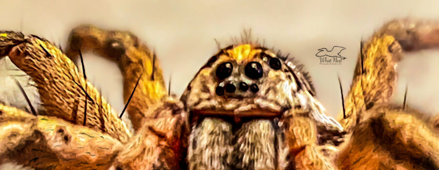 A closeup of a wolf spider shows all eight of its lovely eyes.