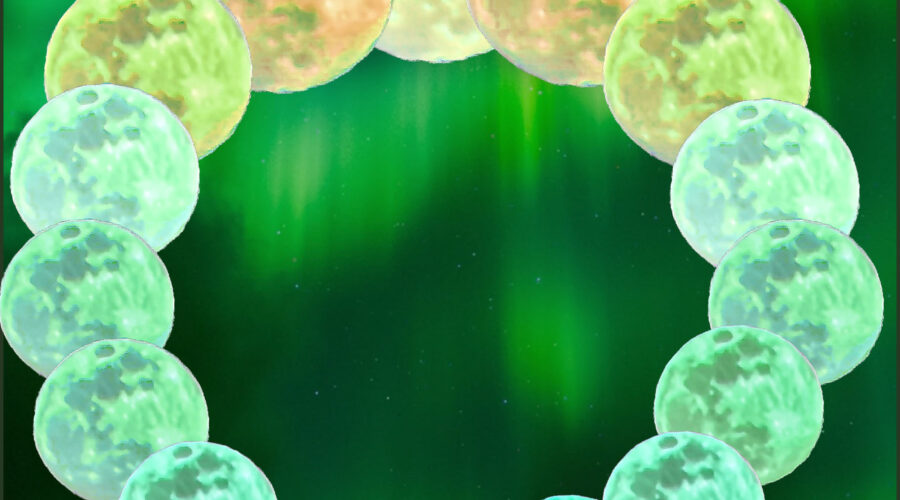 Moons of various shades of green form a circle on a green celestial background in honor of St. Patrick’s Day 2023.