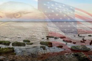 An all American beach overlaid by an American flag and a bald eagle is a photo created just for Memorial Day 2023.