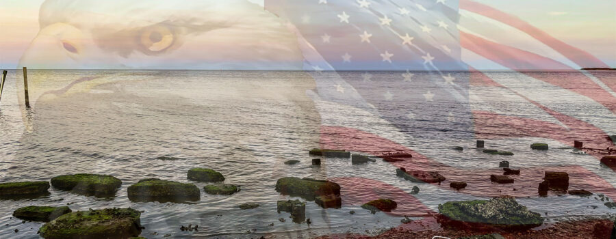An all American beach overlaid by an American flag and a bald eagle is a photo created just for Memorial Day 2023.