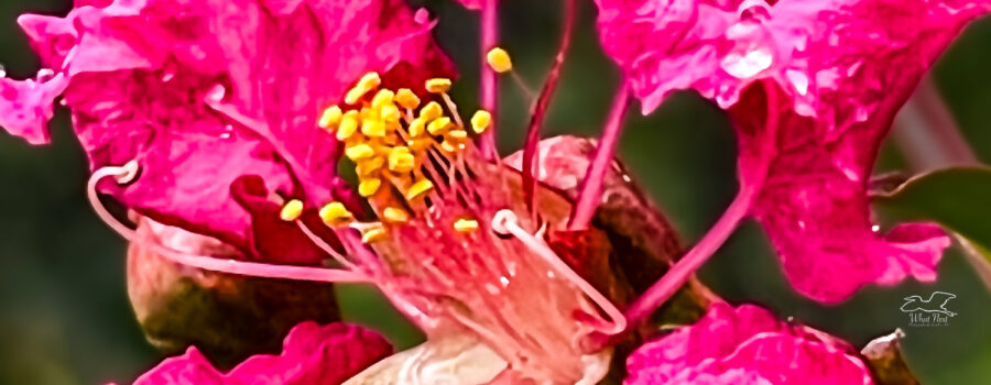 Red crepe myrtle flowers shine after a thunderstorm.