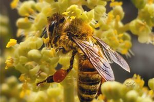 A wild honey bee sips nectar from a bunch of sumac flowers.