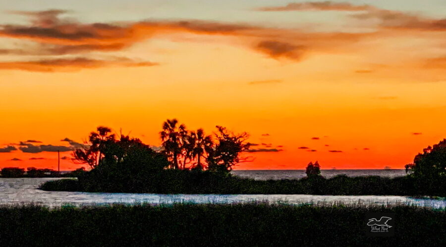 A beautiful orange sunset occurs over an offshore island in central Florida.