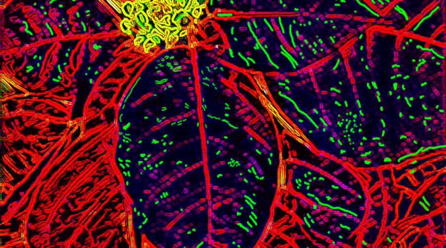 A poinsettia plant has been drawn using neon colors.