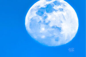 A nearly full afternoon moon shines brightly in a cloudless sky.