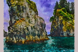 A photographic image of two very small off shore islands has been processed in such a way as to make it look like a watercolor painting.