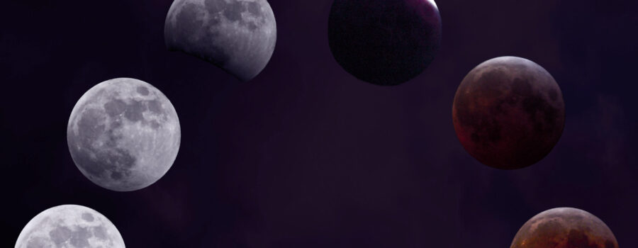 This composite artwork shows various stages of March’s blood moon lunar eclipse.