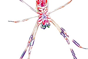 A colorful water color rendition of a golden web weaver spider shows a stylized version of the underside of its body and legs.
