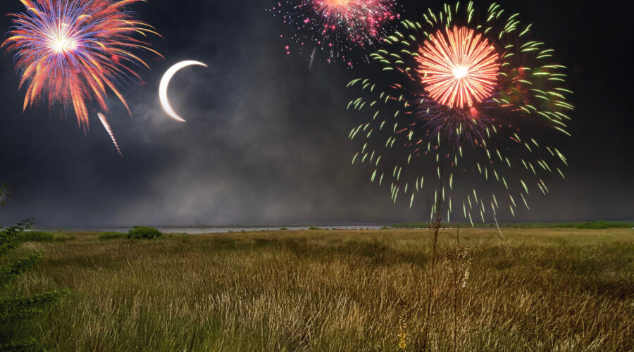 Fireworks displays go off at midnight to celebrate New Year’s Day.