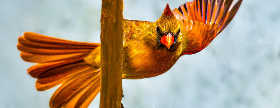 A female cardinal spreads her wings in preparation for flight from a vertical perch. She looks as if she is peering around the perch and waving.