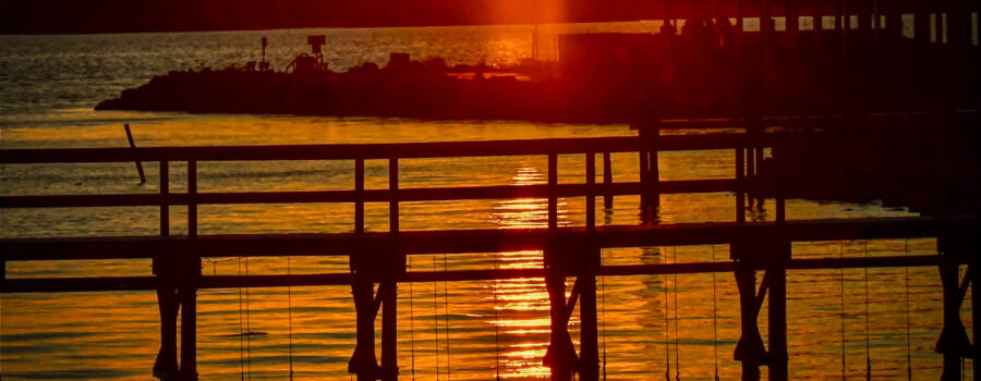 The sun dips toward the trees creating a beam of light across the water and underneath a dock.